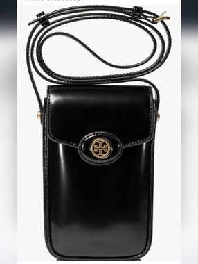 Tory Burch Black Leather Robbinson Crossbody Phone Pouch with Gold Logo